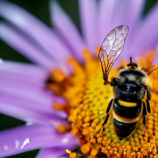 Image similar to an extreme close - up portrait of a bee on a flower, photographic filter, unreal engine 5, realistic, hyperdetailed, 8 k, cinematic, volumetric lighting, very realistic effect, hd, hdr, 4 k, sharp focus, octane render, ultra detailed, high resolution, trending on artstation in the style of albert dros glowing rich colors powerful imagery