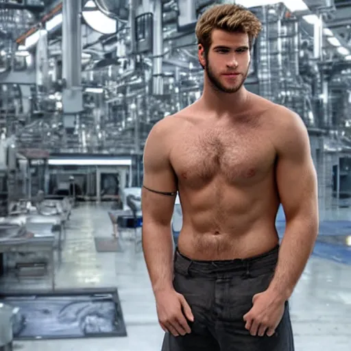 Image similar to a realistic detailed photo of a guy who is an attractive humanoid who is half robot and half humanoid, who is a male android, actor liam hemsworth, shiny skin, posing like a statue, blank stare, in a factory, on display, showing off his muscles