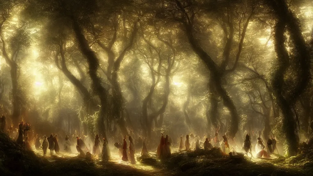 Image similar to procession of elves in the magical forest. andreas achenbach, artgerm, mikko lagerstedt, zack snyder, tokujin yoshioka, impressionist