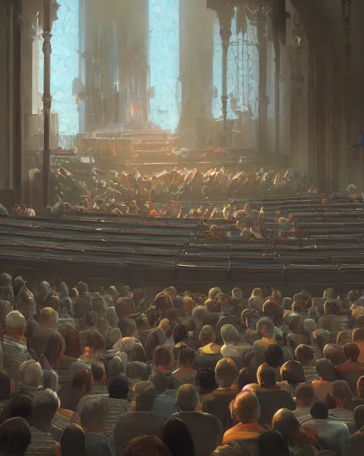 Prompt: craig mullins and moebius digital matte art of a crowd in a futuristic church, priest, pews, ethereal, inviting, bright, unreal engine, hyper realism, realistic shading, cinematic composition, realistic render, octane render, detailed textures, photorealistic, wide shot