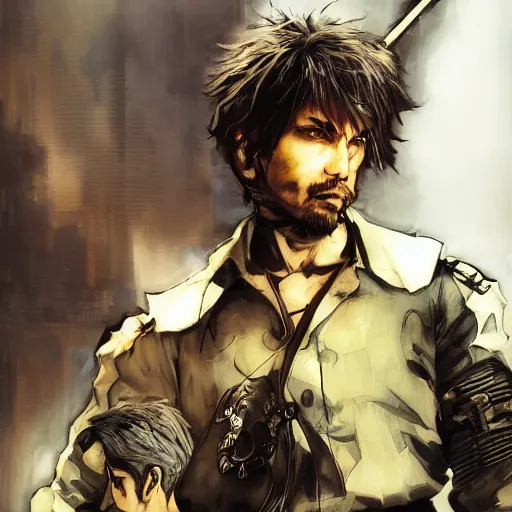 Image similar to portrait of a hero holding his sword in front of his face by yoji shinkawa, high quality, extra details, realism, ornate, colored, golden chain, blood, white skin, short hair, brown eyes, vivid, sunlight, dynamic, american man, freedom, heroism