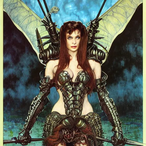 Image similar to head and shoulders portrait of an armored erinyes devil with huge bat wings, portrayed by young robin wright, d & d, fantasy, luis royo, magali villeneuve, donato giancola, wlop, krenz cushart, hans zatka, klimt, alphonse mucha