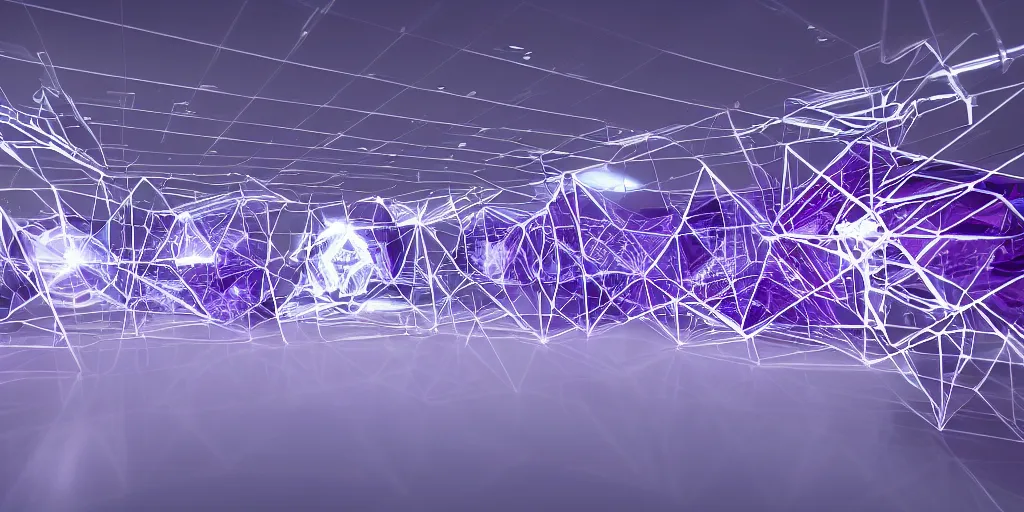 Prompt: Exhibiton with guests and digital terminals from an artificial intelligence with several geometric shapes with white and purple contours. Realistic Concept Art photography