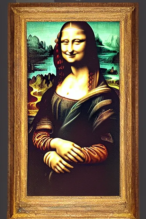 Prompt: italian ceramic glass collage inlaid frescoes, mona lisa's smile,