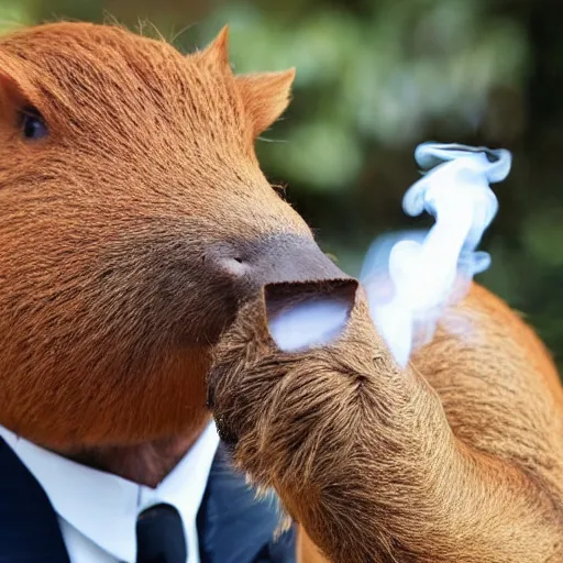 Image similar to smoking cigar, a man wearing a suit capybara head (smoking cigar)