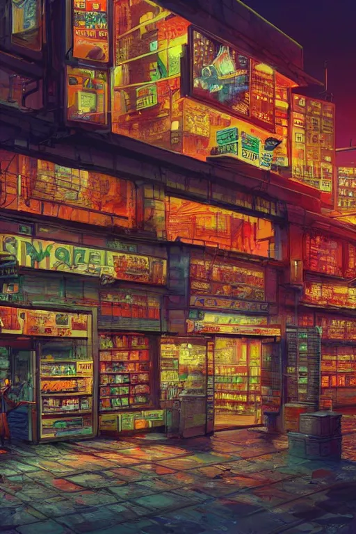 Image similar to a low angle shot of a food store at the base of a towering city, cyberpunk, neon lights, night, matte painting by Marc Simonetti, 8k