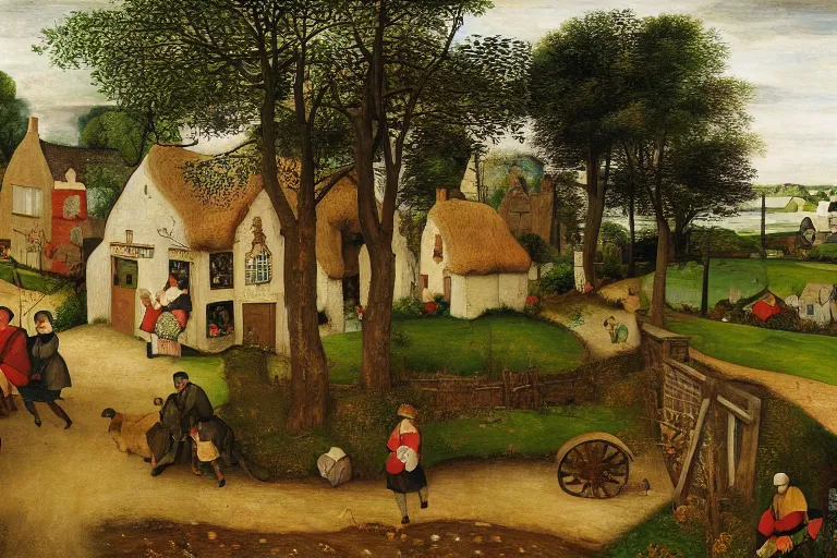 Prompt: A quaint cottage in an English village, merry england, oil on canvas, 4k, detailed, in the style of Pieter Bruegel the Elder