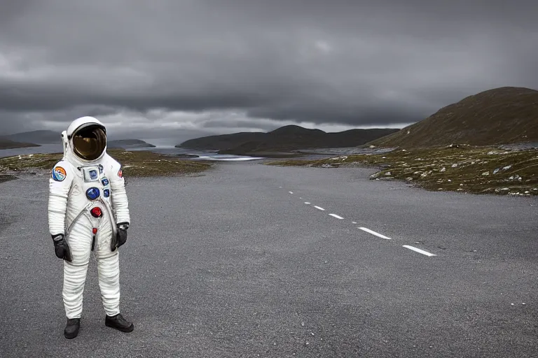 Prompt: tourist astronaut standing in the Isle of Harris, Scotland, a campervan in the background, 28 mm lens, photorealistic