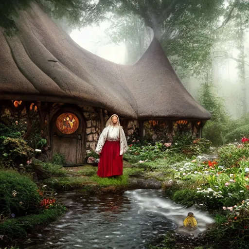 Image similar to woman in medieval hobbit house, ornate, beautiful, atmosphere, vibe, mist, smoke, fire, chimney, rain, wet, pristine, puddles, melting, dripping, snow, creek, lush, ice, bridge, forest, roses, flowers, by stanley artgerm lau, greg rutkowski, thomas kindkade, alphonse mucha, loish, norman rockwell