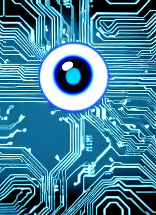 Image similar to a computer circuit board with a blue eye, a computer rendering by karl ballmer, pixabay contest winner, computer art, creative commons attribution, quantum wavetracing, future tech