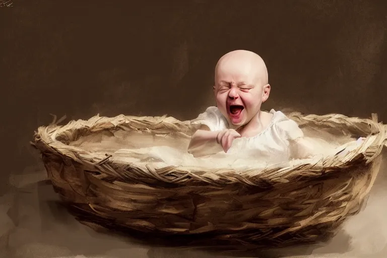 Image similar to epic concept art of a white baby squealing in a basket. by ashley wood and j. m. w. turner, speed painting, photo bash, cinematic angle, super detailing,