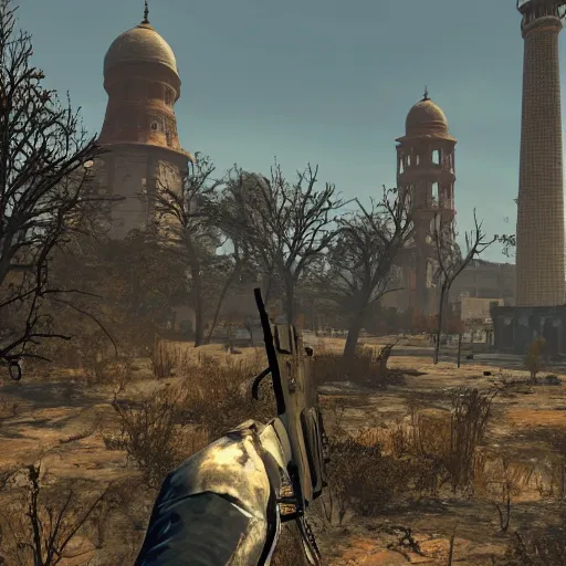 Image similar to taj mahal in ruins post - nuclear war in fallout 4, in game screenshot