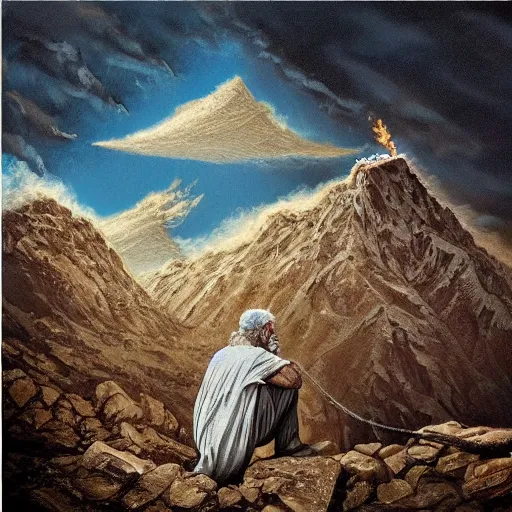 Image similar to painting of an old man with a silver gray beard and ragged robes knelt down on the peak of a mountain, the sky above is wreathed in flames, the man chisels an inscription on a stone, realistic, detailed, ancient, digital art, apocalyptic, earth tones, dramatic, cinematic lighting