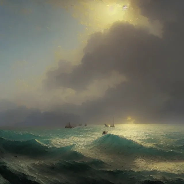 Prompt: a beautiful painting of the sea by ( ivan aivazovsky ) and sin jong hun and greg rutkowski and george varodi. in style of concept art. 4 k texture. ray tracing. sharp lines, hyper detailed. octane render. trending on artstation