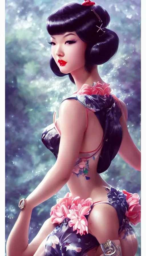 Image similar to a pin up and beautiful fashion and charming and dreamlke asian girl with lv jewelry, medium shot, art by artgerm & ross tran & wlop, hyperdetailed, 8 k realistic, symmetrical, frostbite 3 engine, cryengine, dof, trending on artstation, digital art