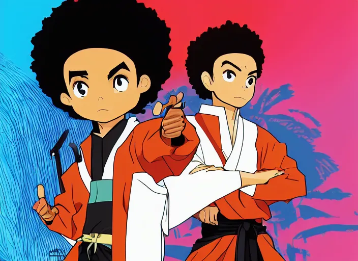 Image similar to huey freeman from boondocks in a samurai outfit in 8 0 s futurism style, anime, detailed, 4 k - h 1 0 2 4