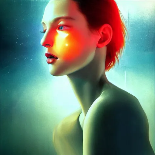 Image similar to 3 d, sci - fi, morning, sleepy fashion model face, sun, neon, cinematic, lightning clouds, vogue cover style, poster art, deep red and deep blue mood, realistic painting, intricate oil painting, high detail, figurative art, multiple exposure, poster art, 3 d, by tooth wu and wlop and beeple and greg rutkowski