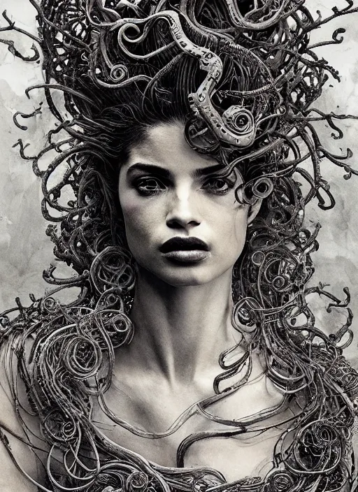 Prompt: portrait of anne curtis as medusa looking for camera wearing greek chiton, fantastically eerie, desaturated colors, pen and ink, glamorous pose, intricate line drawings, by craig mullins, ruan jia, kentaro miura, greg rutkowski, victo ngai