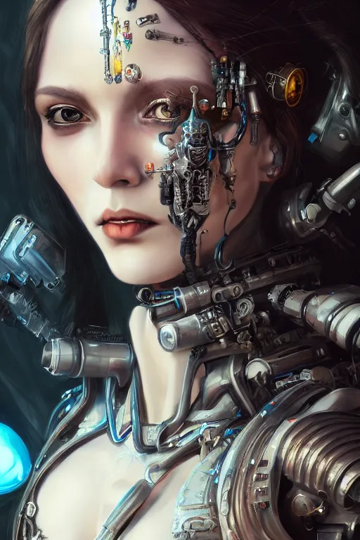 Prompt: portrait of beautiful young gothic cyborg maiden, cyberpunk, Warhammer, highly detailed, artstation, illustration, art by Gustav Klimt