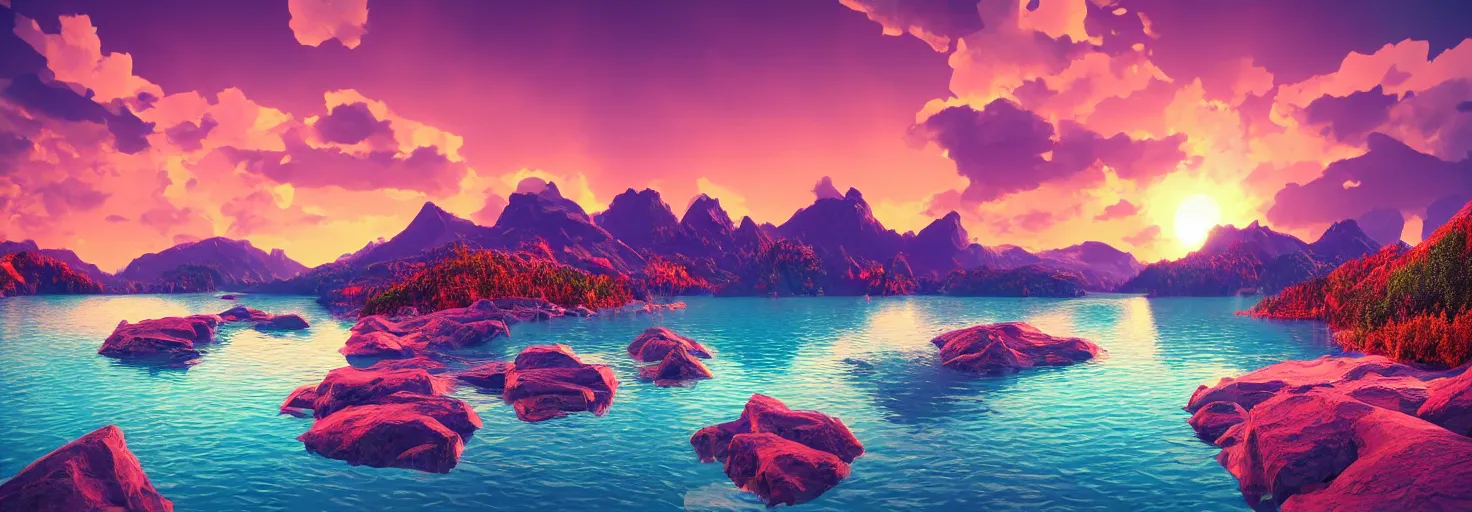 Image similar to super detailed color art, a sinthwave northern sunset with rocks on front, lake in the middle of perspective and mountains at background, unreal engine, retrowave color palette, 3d render, lowpoly, colorful, digital art