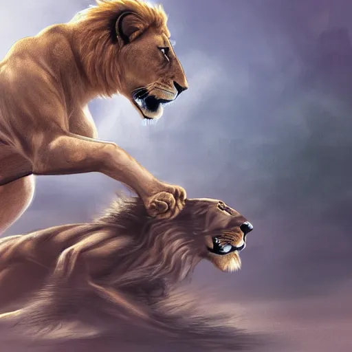 Image similar to gladiator attacking a lion, digital art