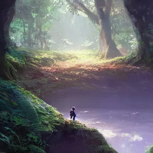 Image similar to a tiny mushroom person with a mushroom for a head walking by a stream in a lush forest. dramatic lighting cgsociety masterpiece, artstation trending, by rossdraws, ghibli, Kimi no Na wa, greg rutkowski, 4k, digital art, concept art, trending on artstation