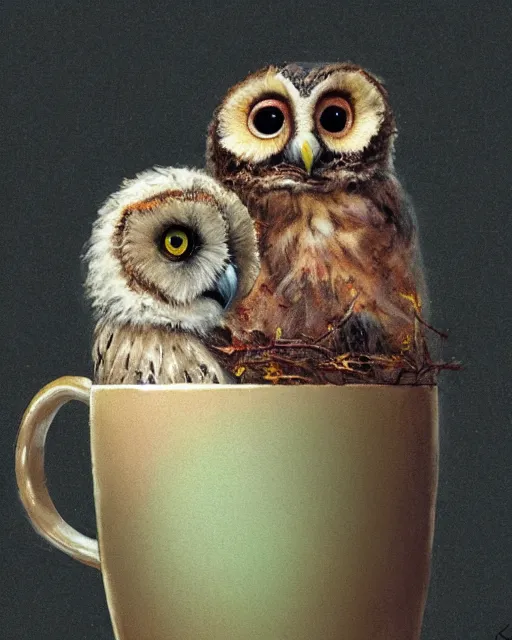 Image similar to long shot of a very cute owl chick nesting in a mug, esao andrews, humorous illustration, hyperrealistic, big depth of field, warm colors, night scenery, low light, 3 d octane render, 4 k, concept art, hyperdetailed, hyperrealistic, trending on artstation