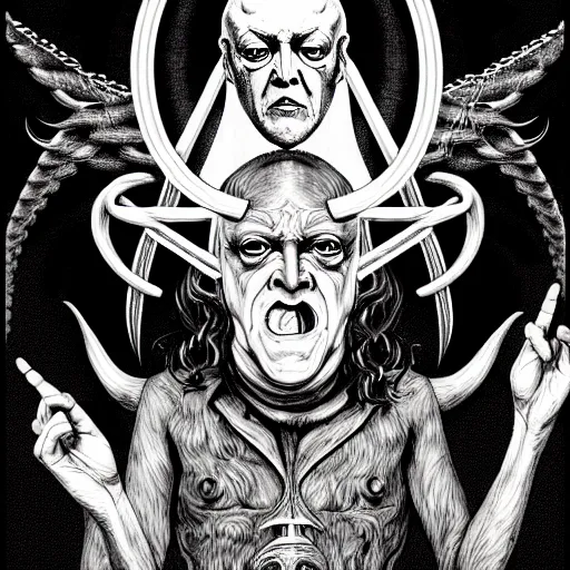 Image similar to graphic illustration, creative design, aleister crowley with baphomet, biopunk, francis bacon, highly detailed, hunter s thompson, concept art