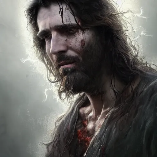 Image similar to UHD closeup of a Photorealistic long haired man with a giant gaping hole in his chest, heart exploding, with incredible amount of blood gushing out by Antonio Caparo and Ferdinand Knab and Greg Rutkowski, UHD, photorealistic, trending on artstation, trending on deviantart