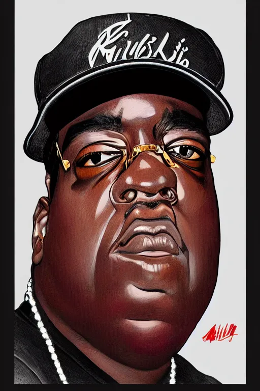 Image similar to a portrait of biggie smalls in style of rudy gutierrez, masterpiece, hyperdetailed, complex, intricate, 4 k, trending on artstation