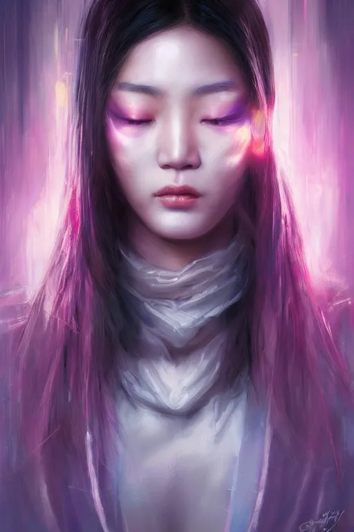 Prompt: stunning highly detailed portrait of a beautiful asian female cyberpunk, eyes closed, soft lighting, pastel neon colors, oil on canvas, strong lighting, by glenn fabry, by greg staples, by mandy jurgens, hd, 4 k