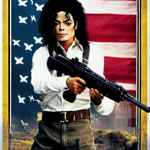 Image similar to michael jackson in rambo movie poster, holding machine gun