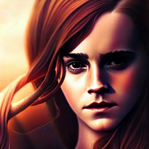 Image similar to Emma Watson with long hair, fantasy, portrait, sharp focus, intricate, elegant, digital painting, artstation, matte, highly detailed, concept art, illustration, ambient lighting, art by ilya kuvshinov, artgerm, and Greg Rutkowski