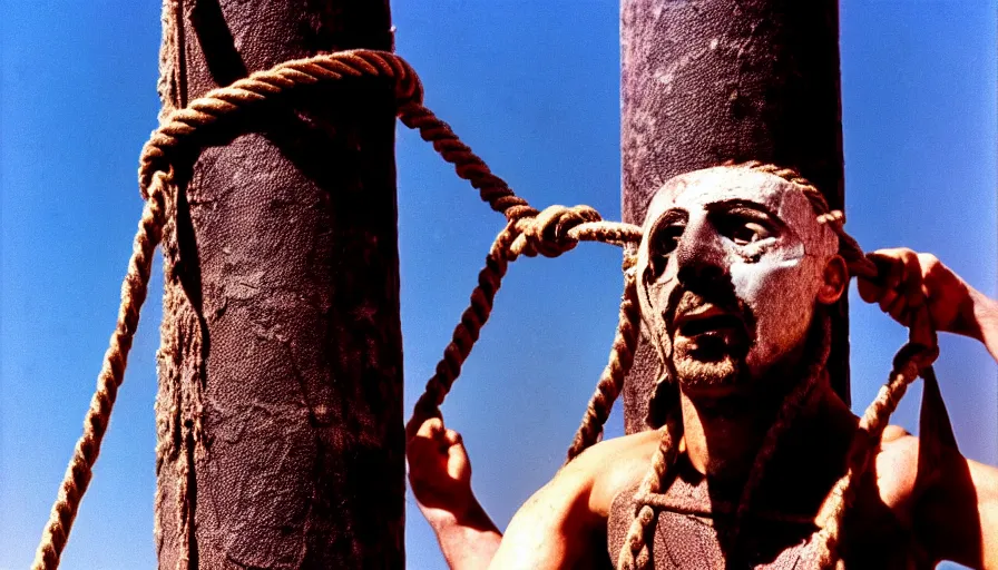 Image similar to 1 9 7 0 s movie still close - up of marcus atilius regulus'face tied with ropes at a pole with sewed eyes, forced - open eyes looking directly at the burning sun, his eyes are bleeding intense, cinestill 8 0 0 t 3 5 mm, high quality, heavy grain, high detail, texture, dramatic light