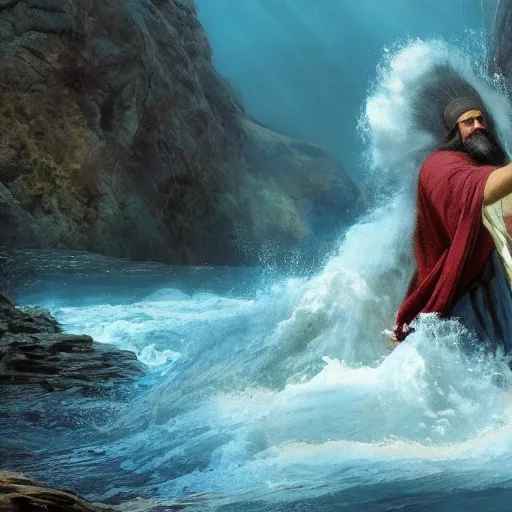 Prompt: a photo of moses with his arms wide, making a pathway through the sea, big walls of water, beautiful scenery, cinematic