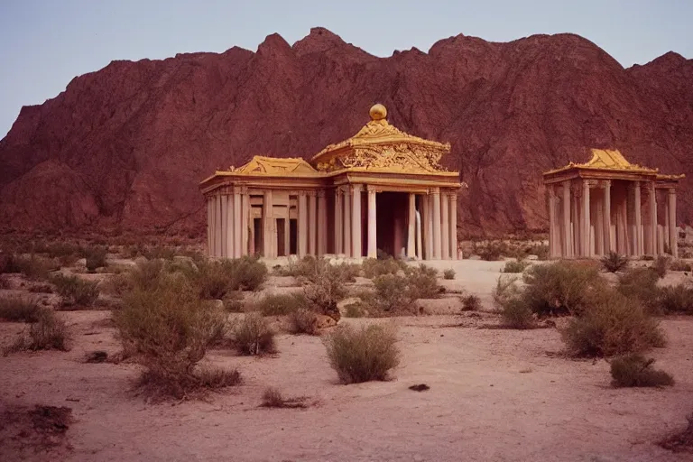 Prompt: film still of monumental complex néo-classical clear temple in the desert, by Étienne-Louis Boullée cinestill 800t 35mm full-HD