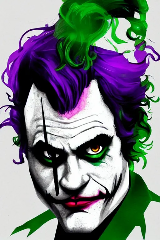 Image similar to new joaquin phoenix joker comic panel, remove duplicate content!!!!, violet polsangi pop art, gta chinatown wars art style, bioshock infinite art style, incrinate, realistic anatomy, hyperrealistic, green and purple color, white frame, content balance proportion