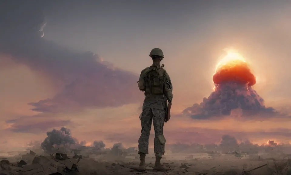 Prompt: Futuristic matte painting of a US soldier in the Vietnam War looking at a nuclear explosion at the distance, volumetric light scattering, highly detailed, digital art, Andreas Rocha, Greg Rutkowski, Darek Zabrocki, ArtStation, CGSociety, Unreal Engine, 4K, 8K