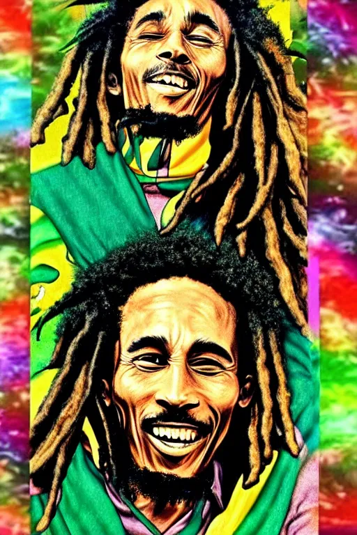 Image similar to A cat with the fashion sense Of Bob Marley floating in space with cannabis