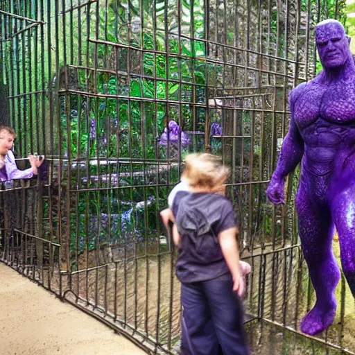 Prompt: Thanos in a cage, being watched by a family at the zoo