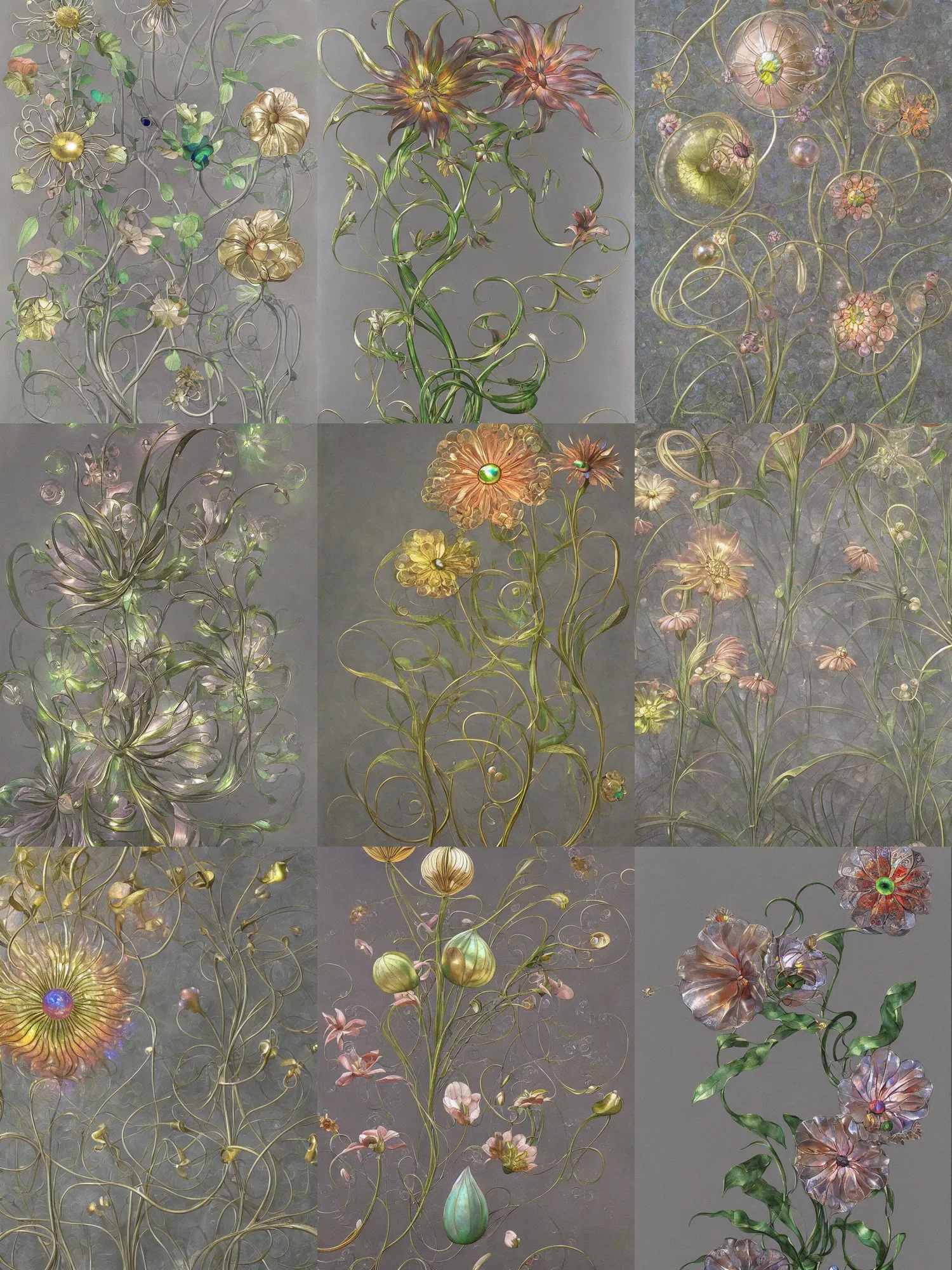 Prompt: a painting of a metallic flower on a gray background, an airbrush painting by Earnst Haeckel and Louis Comfort Tiffany, trending on zbrush central, cloisonnism, high detail, detailed painting, biomorphic, bubbles, opalescent, exotic.