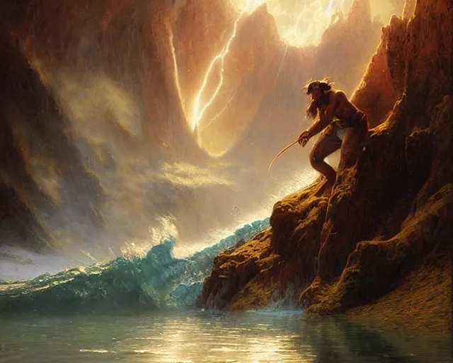 Prompt: attractive male wizard casting powerful giant tsunami spell in a beautiful lake. highly detailed painting by gaston bussiere, craig mullins, j. c. leyendecker 8 k