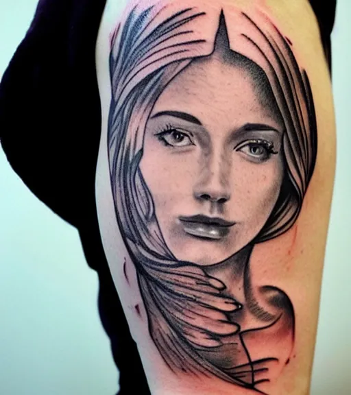 Image similar to tattoo design sketch of a beautiful woman face with a mountain scenery background on her side, hyper - realistic, double exposure, in the style of matteo pasqualin, amazing detail, black and white, faded