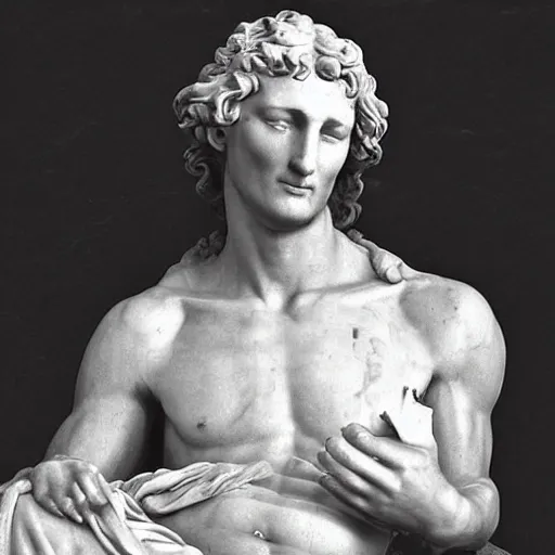 Image similar to “1800s era photograph of Michelangelo sculpting marble statue of Matthew McConaughey as David, hyperrealistic, hd, faded, cracked, stained”