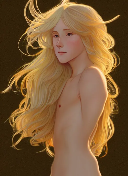 Image similar to pretty young man with shoulder length shiny shimmering golden blond hair, half body shot, path traced, highly detailed, high quality, digital painting, by studio ghibli and alphonse mucha, leesha hannigan, hidari, disney