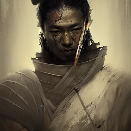 Image similar to Sickly diseased dying Samurai warrior, portrait by Cedric Peyravernay, highly detailed, excellent composition, cinematic concept art, dramatic lighting, trending on ArtStation