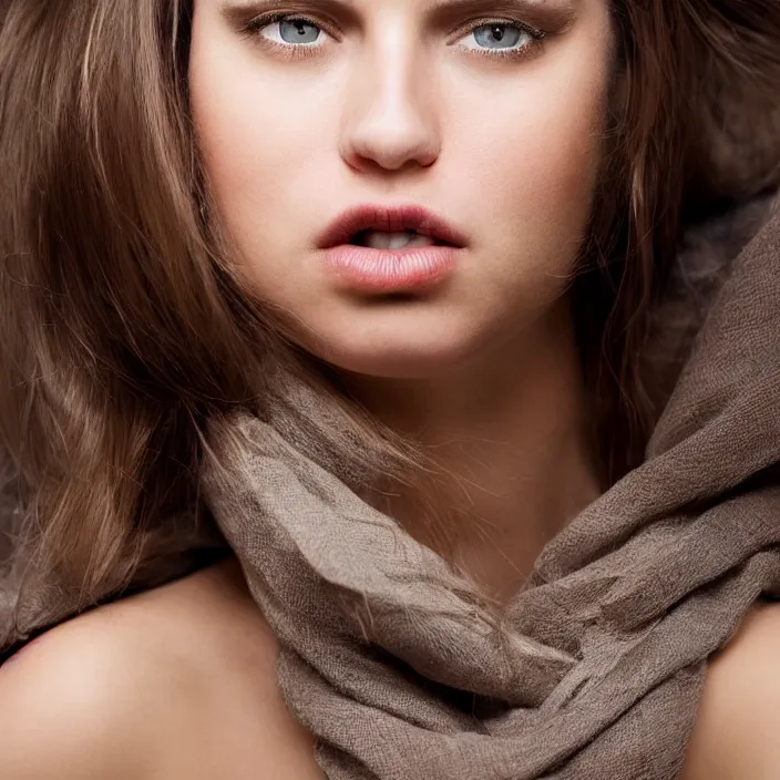 Image similar to photographic Close-up face of a extremely beautiful girl with light brown hair , high light on the left, non-illuminated backdrop, illuminated by a dramatic light, Low key lighting, light dark, High constrast, dramatic , Steve Mccurry, Craig Mulins ,dark background, high quality, photo-realistic, 8K,