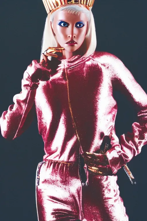 Prompt: female robot with shiny chrome body wearing pink velvet tracksuit, gold bling jewelry, platinum blonde hair with gold tiara, 1990s fashion magazine editorial, trendy, nostalgia, 35mm film, haute couture professional photography, white background