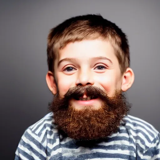 Image similar to small boy with beard and mustache looking at the camera and smiling