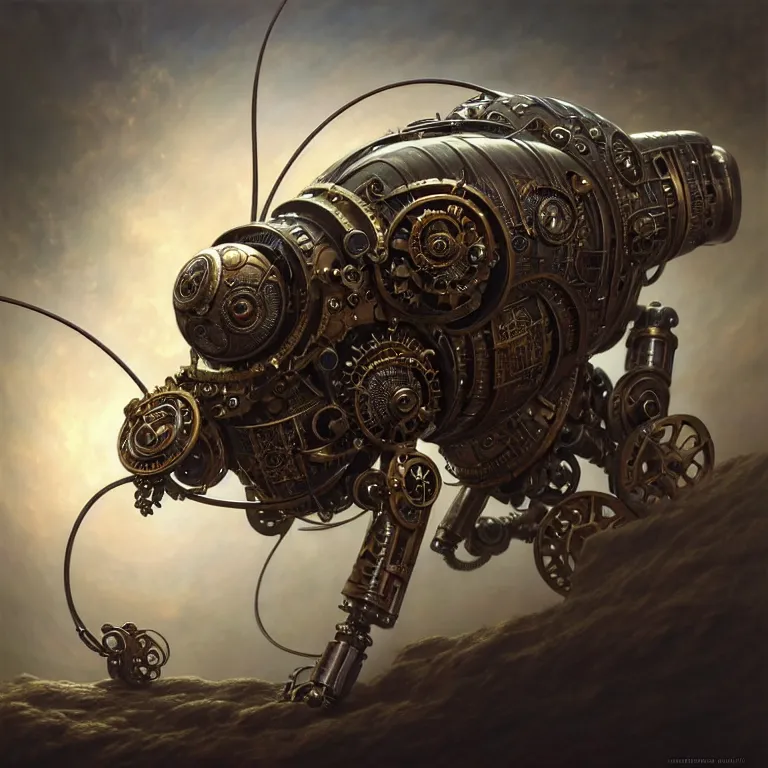 Prompt: portrait shot of a steampunk robot bug, unreal engine realistic render, 8 k, micro detail, intricate, elegant, highly detailed, centered, digital painting, artstation, smooth, sharp focus, illustration, artgerm, tomasz alen kopera, peter mohrbacher, donato giancola, joseph christian leyendecker, wlop, boris vallejo